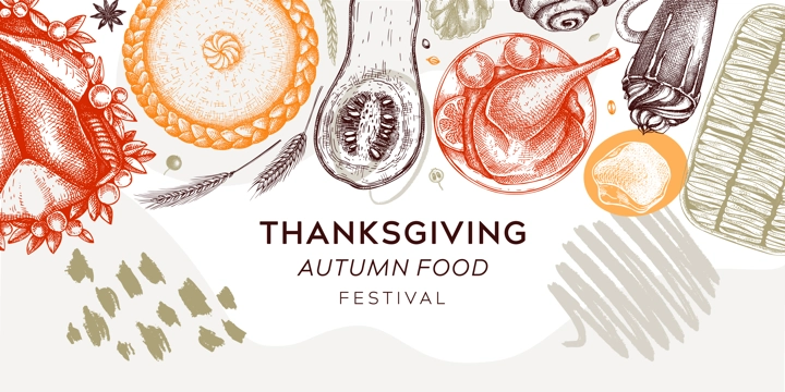 Thanksgiving dinner collage. Fall food and drinks trendy frame design. Sketched roasted turkey, cooked vegetables, baked goods, desserts sketches. Vintage autumn food template. Thanksgiving background